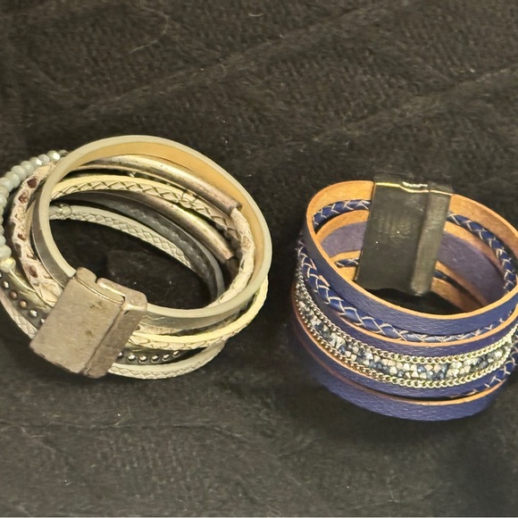 Leather 1-Beads Jewels Silver Purple Blue and 2-Silver Beige Leopard Bracelets - Picture 8 of 9